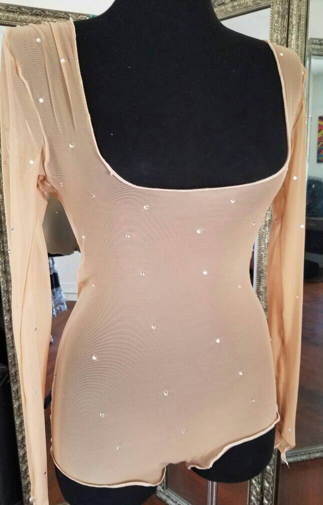 Stretchy Light Nude Dance Top with Sheer Mesh Belly Cover
