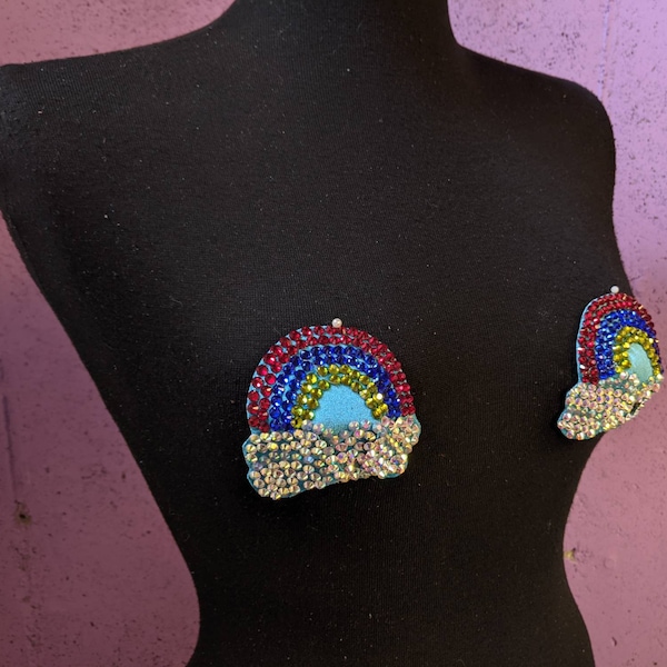 Rainbow Pasties, Burlesque, Strip Tease, Nipple Covers, Rhinestone, Gifts for, Showgirls, for dancers, Cabaret, Stage costume