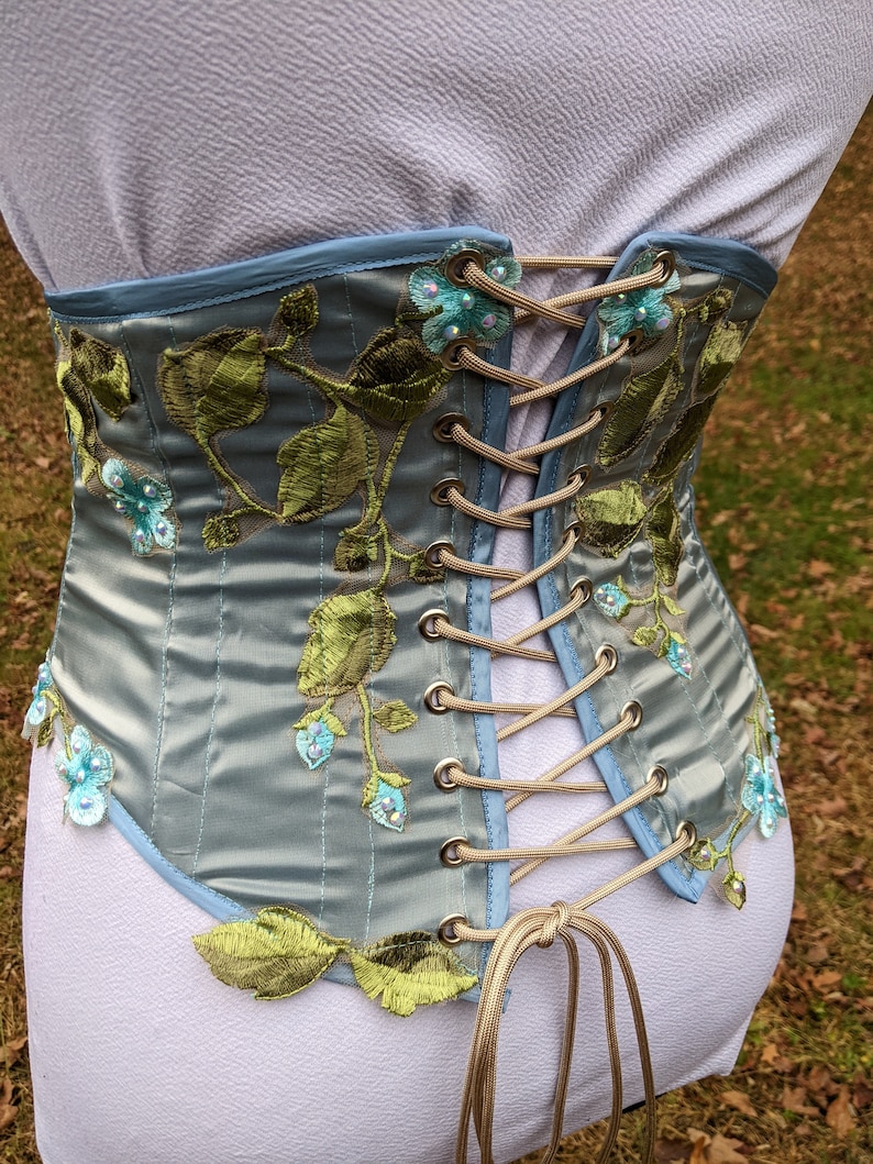 Blue Flower Corset, Embroidered Corset, Floral Corset, Under Bust