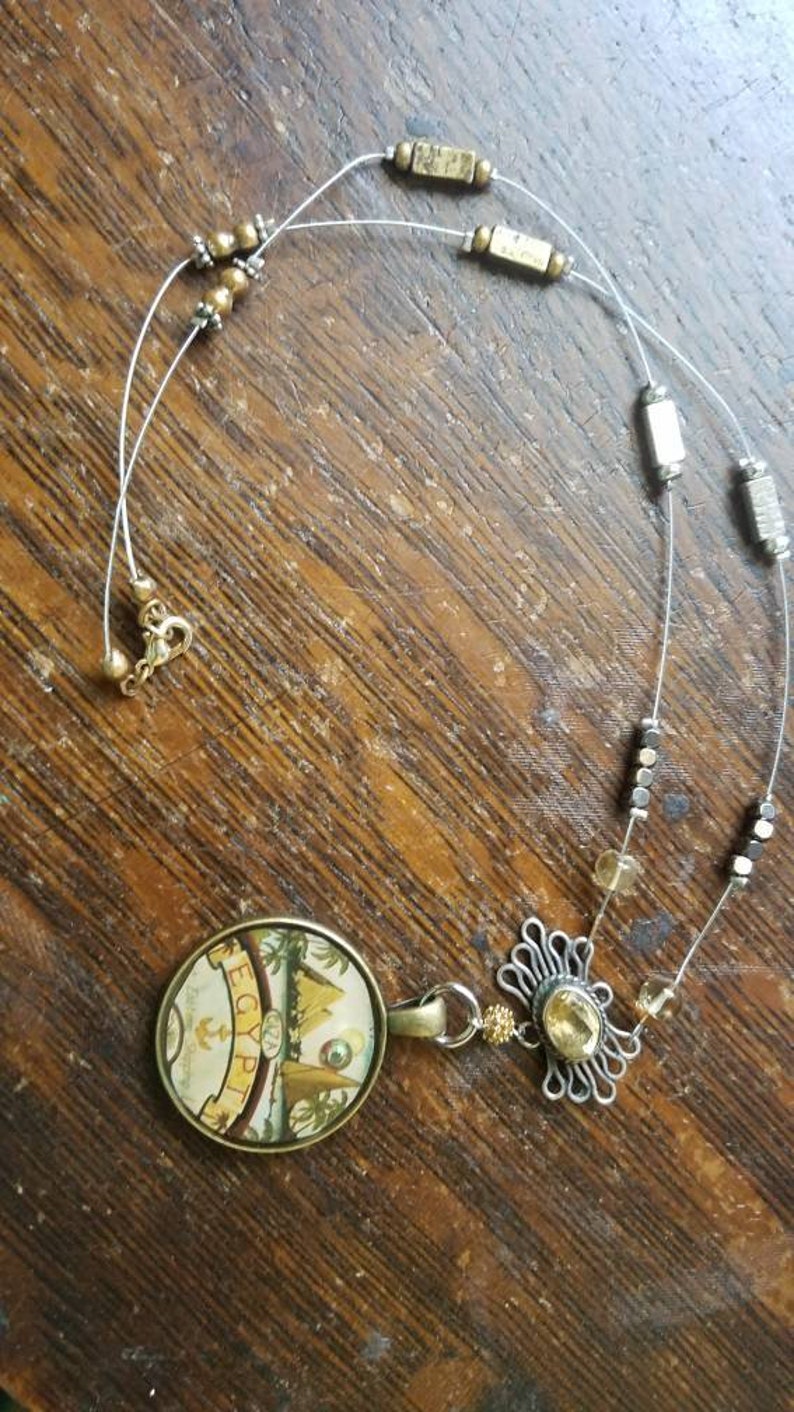 Giza Egypt AntiqueTravel Art Cameo Citrine Necklace