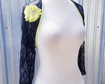 Black Lace Bolero, Lace Shrug, Lime Yellow Flower, 1950s Style, Pinup Style, Sheer Jacket, Black Lace Lingerie, Bolero for Wedding Dress