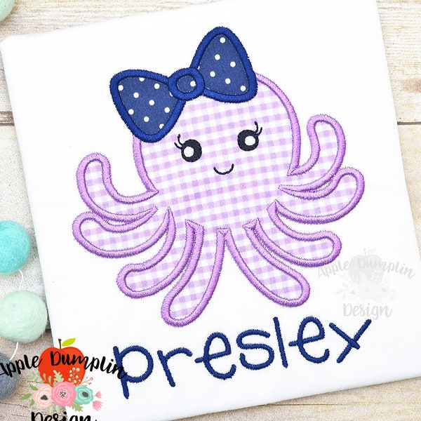 Octopus with Bow, Applique Design, Instant Download, 4x4, 5x5, 6x6, 7x7, 8x8