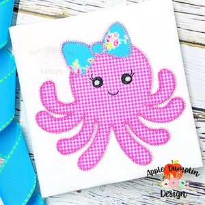 Octopus with Bow, Zigzag, Applique Design, Instant Download, 4x4, 5x5, 6x6, 7x7, 8x8