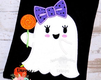 Halloween Ghost With Bow and Lollipop, Applique Machine Embroidery Design, Halloween Embroidery, Girl Halloween, Holiday 4x4, 5x7, 6x10