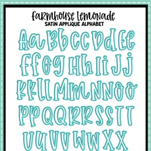 May include: A turquoise blue satin applique alphabet in a farmhouse lemonade style. The letters are outlined in white and range in size from 3 to 9 inches. The image also includes the text "Formats" and "12 Sizes" with a list of file formats and sizes.