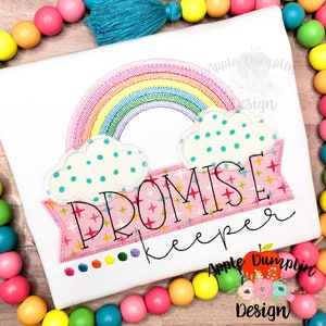 May include: A pink and white banner with the text "PROMISE keeper" in black lettering. The banner is decorated with pink stars and white polka dots. A rainbow with clouds is above the banner.