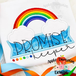 May include: Embroidered design featuring a rainbow, clouds, and a blue banner with the text "PROMISE keeper".