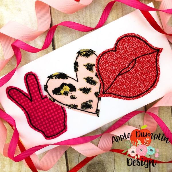 Peace Love Kiss, Bean Stitch, Applique Design, Machine Embroidery, Valentine Applique, XOXO, Instant Download, 4x4, 5x5, 5x7,  8x8, 9x9