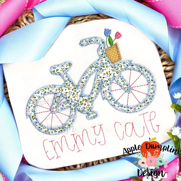 Bicycle with Flowers, Zigzag Stitch, Applique Design, Machine Embroidery Design, Beach Cruiser, Summer, Spring,  5x5, 5x7, 8x8, 9x9