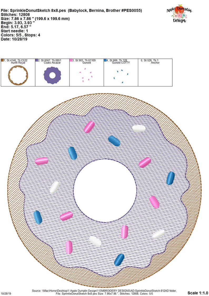 Sprinkle Donut, Sketch, Embroidery Design, Birthday Embroidery, Pleat Embroidery, Quick Stitch, 3x3, 4x4, 5x5, 6x6, 7x7, 8x8, 9x9 image 7