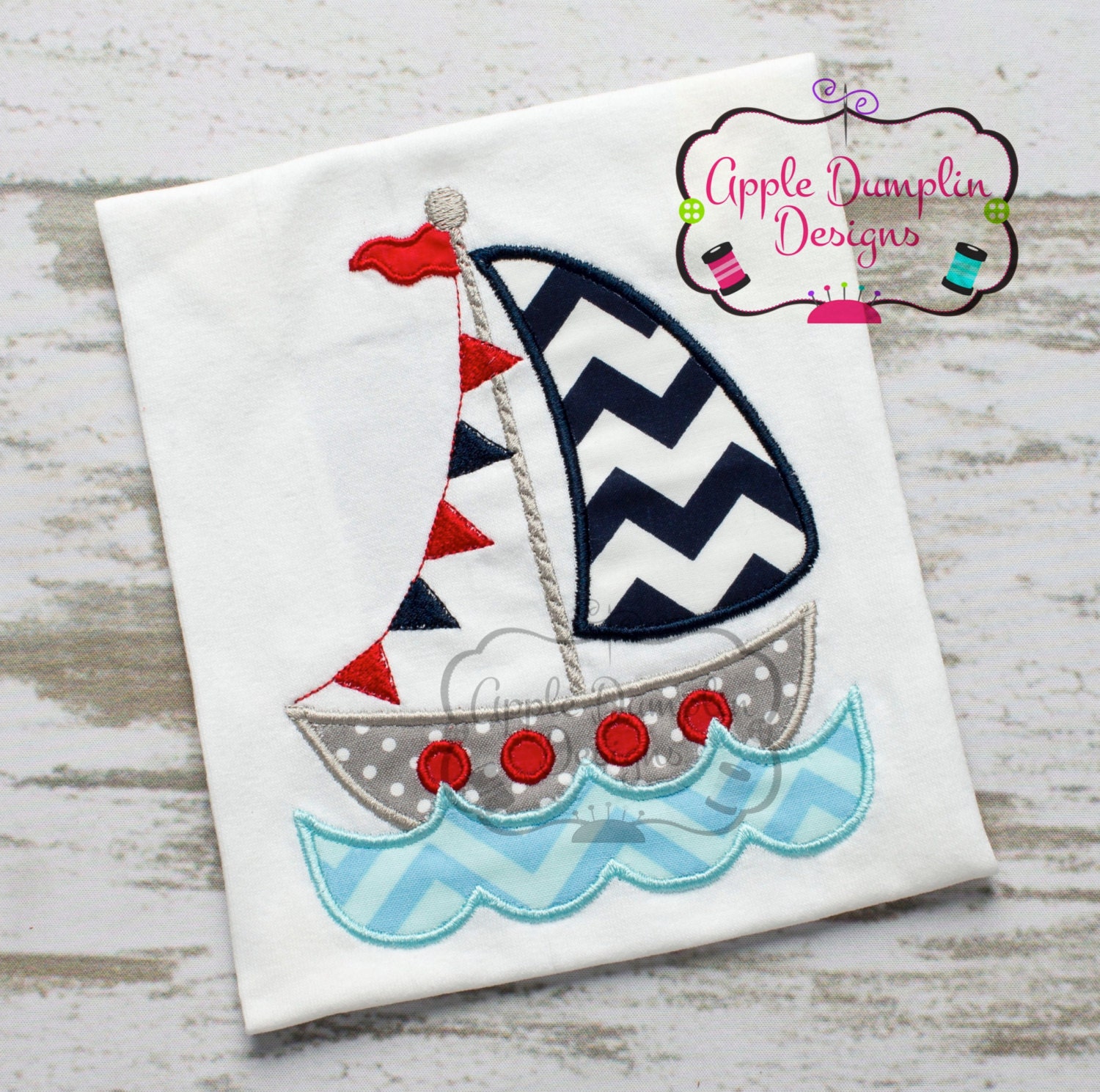 Flag Sailboat with Water Appliqué Machine Embroidery Design, Boy, Girl, Anchor, Sailing, Boat, Beach, Fishing, Summer, Spring 4x4, 5x7, 6x10