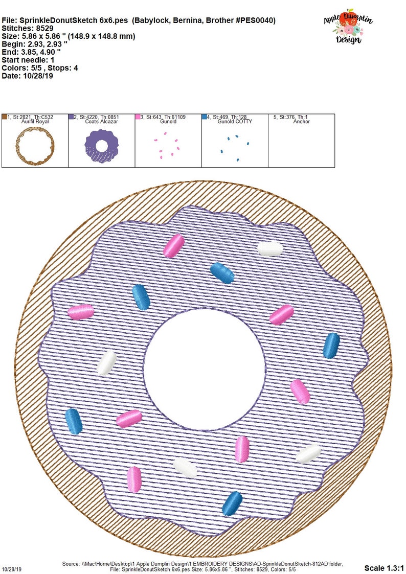 Sprinkle Donut, Sketch, Embroidery Design, Birthday Embroidery, Pleat Embroidery, Quick Stitch, 3x3, 4x4, 5x5, 6x6, 7x7, 8x8, 9x9 image 5