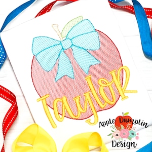 Apple with Bow, Sketch Embroidery Design, Back to School, Boy Embroidery, Teacher Embroidery 3x3, 4x4, 5x5, 6x6, 7x7, 8x8, 9x9