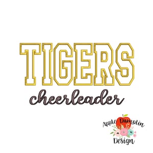 May include: White background with the word "TIGERS" in gold and white block letters above the word "cheerleader" in dark gray cursive. The image also includes a logo with an apple and flowers.
