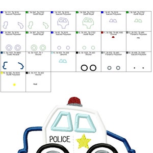 May include: A white police car with a blue stripe, a red light on top, and a yellow star on the side. The car says "POLICE" in black letters.