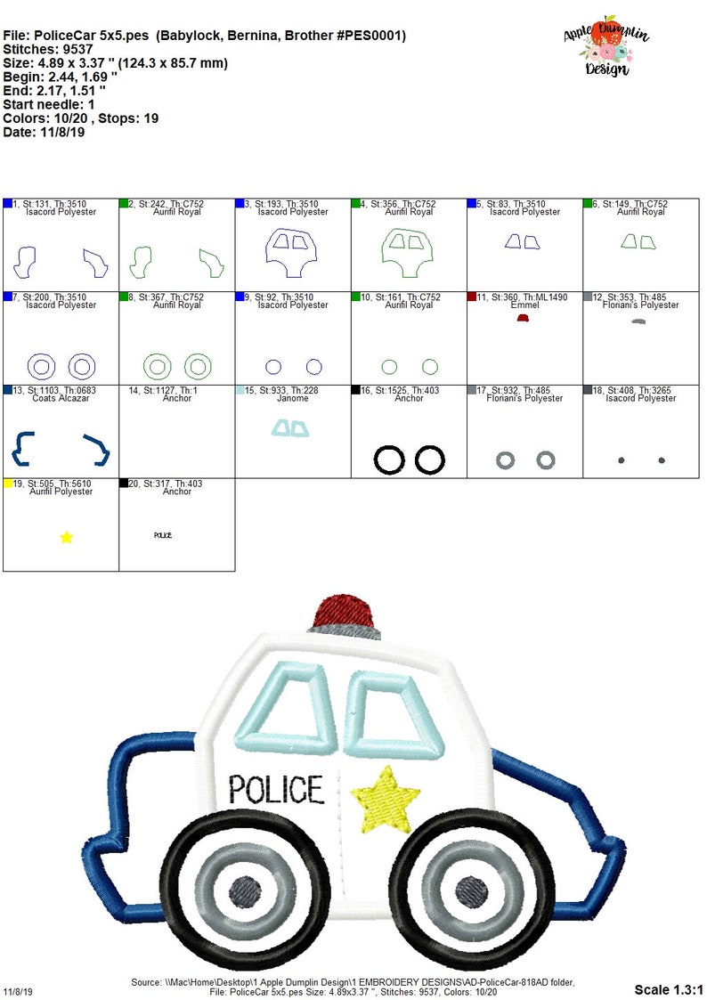 May include: A white police car with a blue stripe, a red light on top, and a yellow star on the side. The car says "POLICE" in black letters.