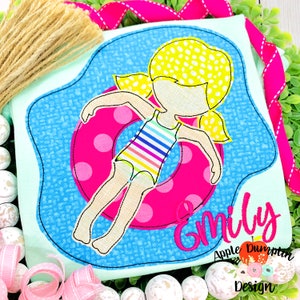 Floating Girl in Pool, Bean Stitch Applique, Machine Embroidery, Summer, Pool Party, Beach, 4x4, 5x5, 6x6, 7x7, 8x8, 9x9