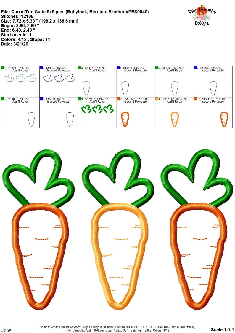 Easter Applique Machine Embroidery Carrot Trio Satin Stitch Applique Design Instant Download 5x5 9x9 8x8 5x7