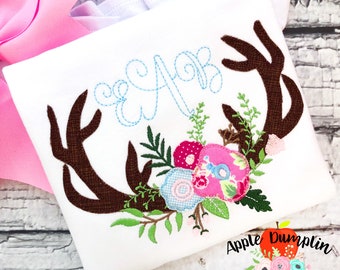 Antlers with Flowers, Bean Stitch, Applique Design, Machine Embroidery Design, Deer Antlers, Bean Stitch Antlers, 4x4, 5x5, 5x7, 6x10