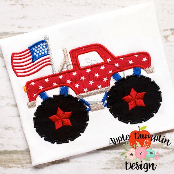 4th of July Monster Truck with Flag Applique Machine Embroidery Design, Fireworks, Truck, Summer, Spring, American Flag 5x7, 6x10, 9x9
