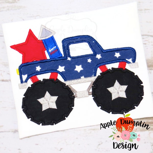 4th of July Monster Truck Applique Design, Machine Embroidery Design, Boy Embroidery Design, Fourth of July Embroidery, 5x5, 5x7, 6x10