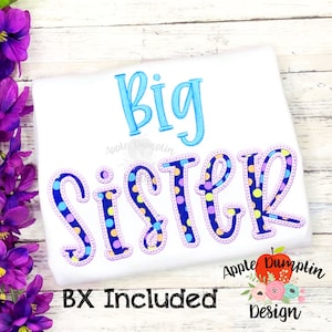 May include: White t-shirt with the words "Big Sister" in blue and polka-dot lettering. The text "BX Included" and a logo are at the bottom right. Purple flowers are in the upper left corner.