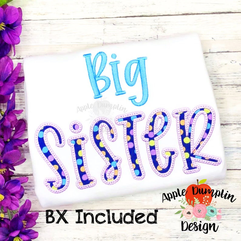 May include: White t-shirt with the words "Big Sister" in blue and polka-dot lettering. The text "BX Included" and a logo are at the bottom right. Purple flowers are in the upper left corner.