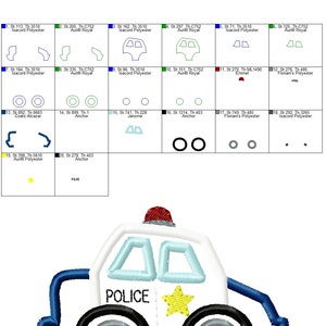 May include: A white police car embroidery design with a blue stripe, a red light, and a yellow star. The car has the word "POLICE" printed on the side. The design is 3.89 inches wide and 2.68 inches tall.