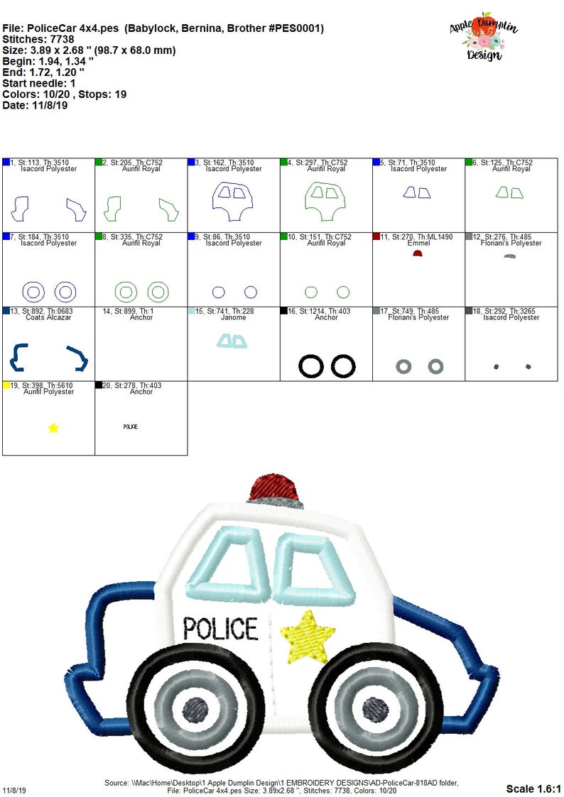 May include: A white police car embroidery design with a blue stripe, a red light, and a yellow star. The car has the word "POLICE" printed on the side. The design is 3.89 inches wide and 2.68 inches tall.