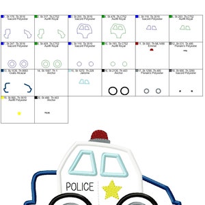 May include: A white police car with a blue stripe and a red light on top. The car has a yellow star on the side and the word "POLICE" written in black letters. The image is a digital embroidery design.