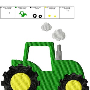 May include: A green tractor with black wheels and yellow centers. The tractor has a gray exhaust pipe with two white clouds above it. The image is a 3.0 inch embroidery design.