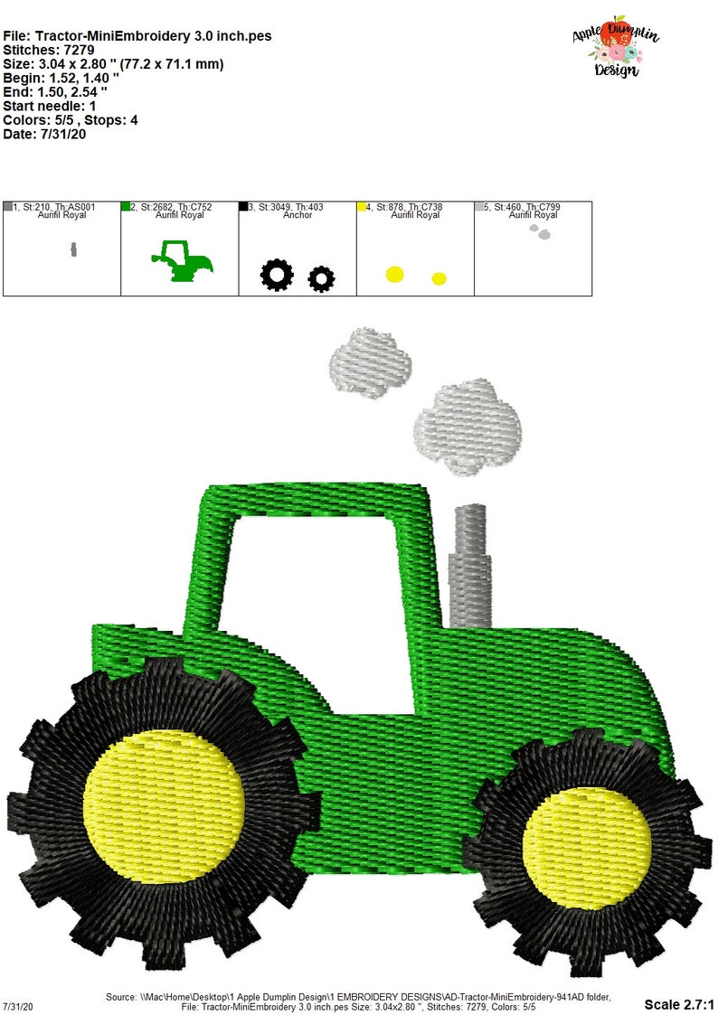 May include: A green tractor with black wheels and yellow centers. The tractor has a gray exhaust pipe with two white clouds above it. The image is a 3.0 inch embroidery design.