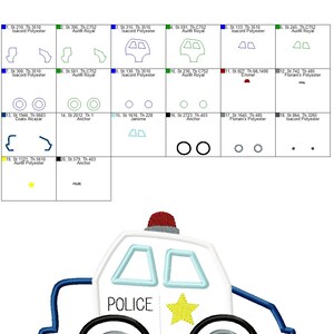 May include: A white police car with a blue stripe, a red light on top, and a yellow star on the side. The car says "POLICE" in black letters.