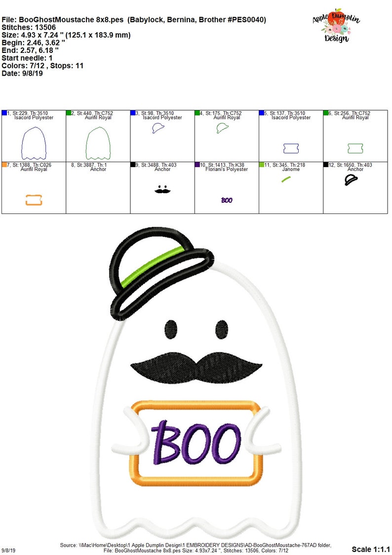 Ghost With Mustache, Applique Design, Embroidery Design, Halloween ...