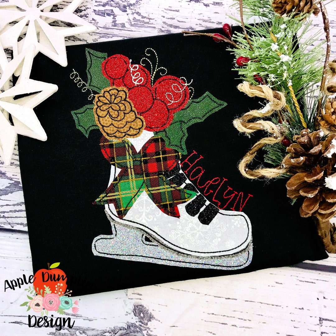 Christmas Ice Skate, Bean Stitch, Applique Design, Embroidery Design ...
