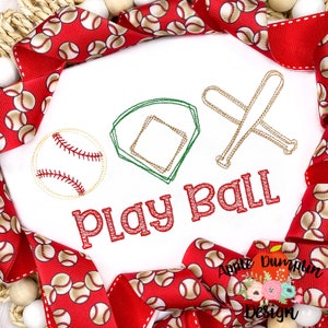 Baseball Trio, Outline Embroidery Design, Scribble Embroidery, Softball, Baseball Bat, Baseball Diamond, 4x4, 5x5, 5x7, 8x8, 9x9