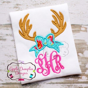 Antlers with Bow Appliqué Machine Embroidery Design, Monogram, Deer, Girl, Girly, Personalize, Hunting, Hunter, 4x4, 5x7, 6x10, 7x11, 9x9