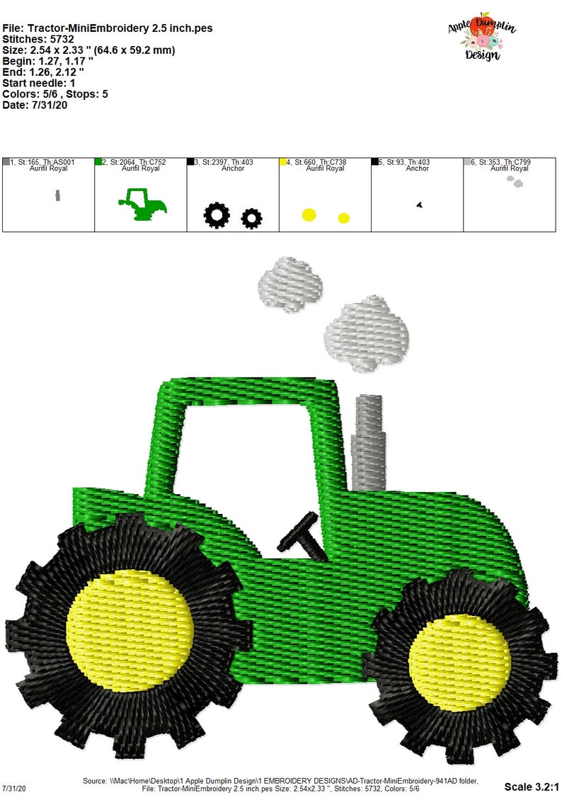 May include: A green tractor with black wheels and yellow centers. The tractor has a gray smoke stack and white smoke coming from it. The tractor is 2.5 inches wide and 2.33 inches tall. The image includes the text "File: Tractor-MiniEmbroidery 2.5 inch.pes" and "Stitches: 5732".