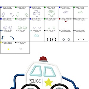 May include: A white police car with a blue stripe, a red light on top, and a yellow star on the side. The car says "POLICE" in black letters.
