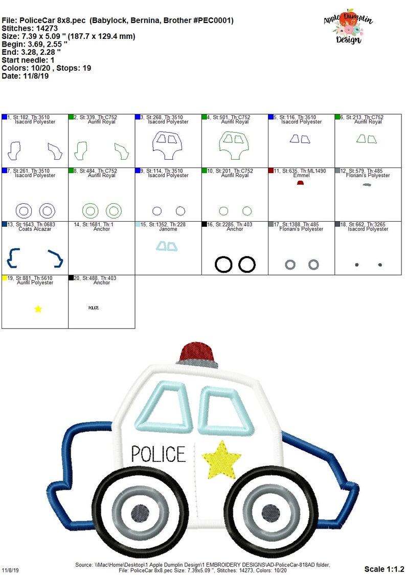 May include: A white police car with a blue stripe, a red light on top, and a yellow star on the side. The car says "POLICE" in black letters.