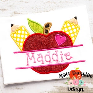 May include: A red glitter apple with a green leaf and two yellow pencils with white polka dots. The apple has a pink heart on it and a pink banner with the name "Maddie" written in white.