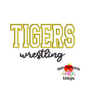 May include: A white background features the words "TIGERS wrestling" in gold and dark gray lettering. The word "TIGERS" is in a block letter style. The image also includes a logo with an apple and flowers.