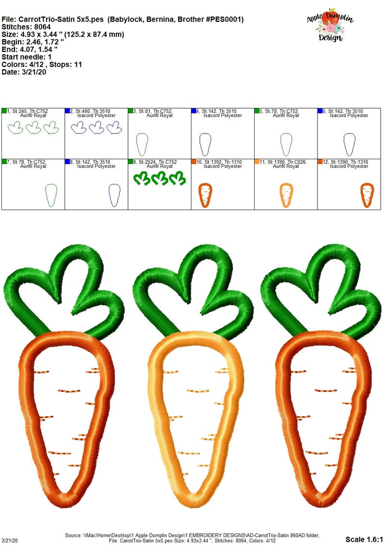 Easter Applique Machine Embroidery Carrot Trio Satin Stitch Applique Design Instant Download 5x5 9x9 8x8 5x7