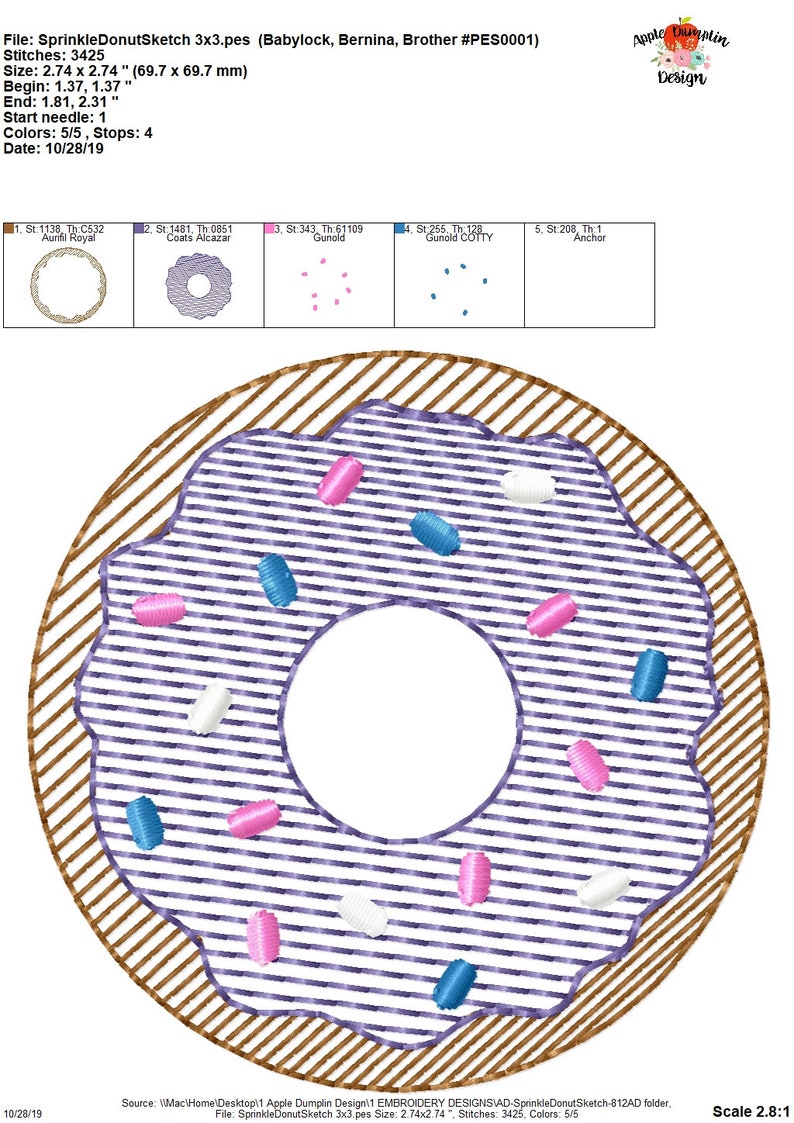 Sprinkle Donut, Sketch, Embroidery Design, Birthday Embroidery, Pleat Embroidery, Quick Stitch, 3x3, 4x4, 5x5, 6x6, 7x7, 8x8, 9x9 image 2