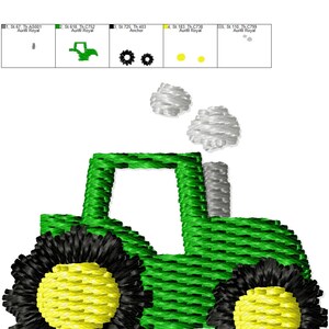 May include: A green tractor with black wheels and yellow centers. The tractor has a gray smoke stack with two puffs of gray smoke coming from it. The tractor is 1.04 inches wide and 0.94 inches tall.