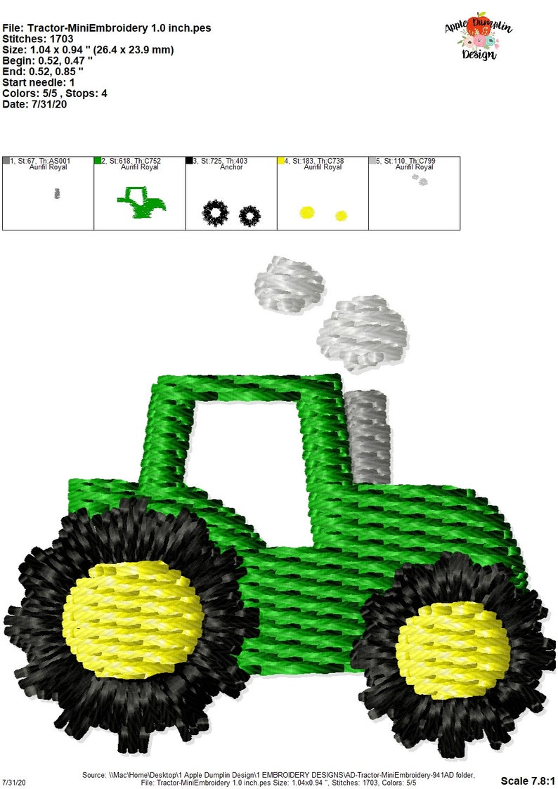 May include: A green tractor with black wheels and yellow centers. The tractor has a gray smoke stack with two puffs of gray smoke coming from it. The tractor is 1.04 inches wide and 0.94 inches tall.