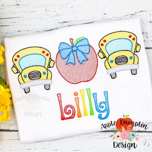 3 in a Row, Bus Apple Trio with Bow, Sketch Embroidery Design, Back to School, Girl Embroidery, Teacher Embroidery  5x5, 5x7, 6x10, 8x8