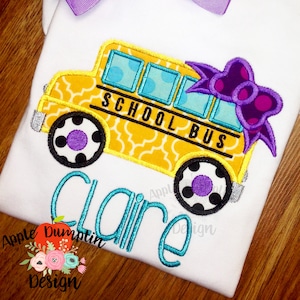 School Bus with Bow, Applique Design, Machine Embroidery Design, Girl, Back to School, Preschool, Cute, Teacher, Girly, 4x4, 5x7, 6x10