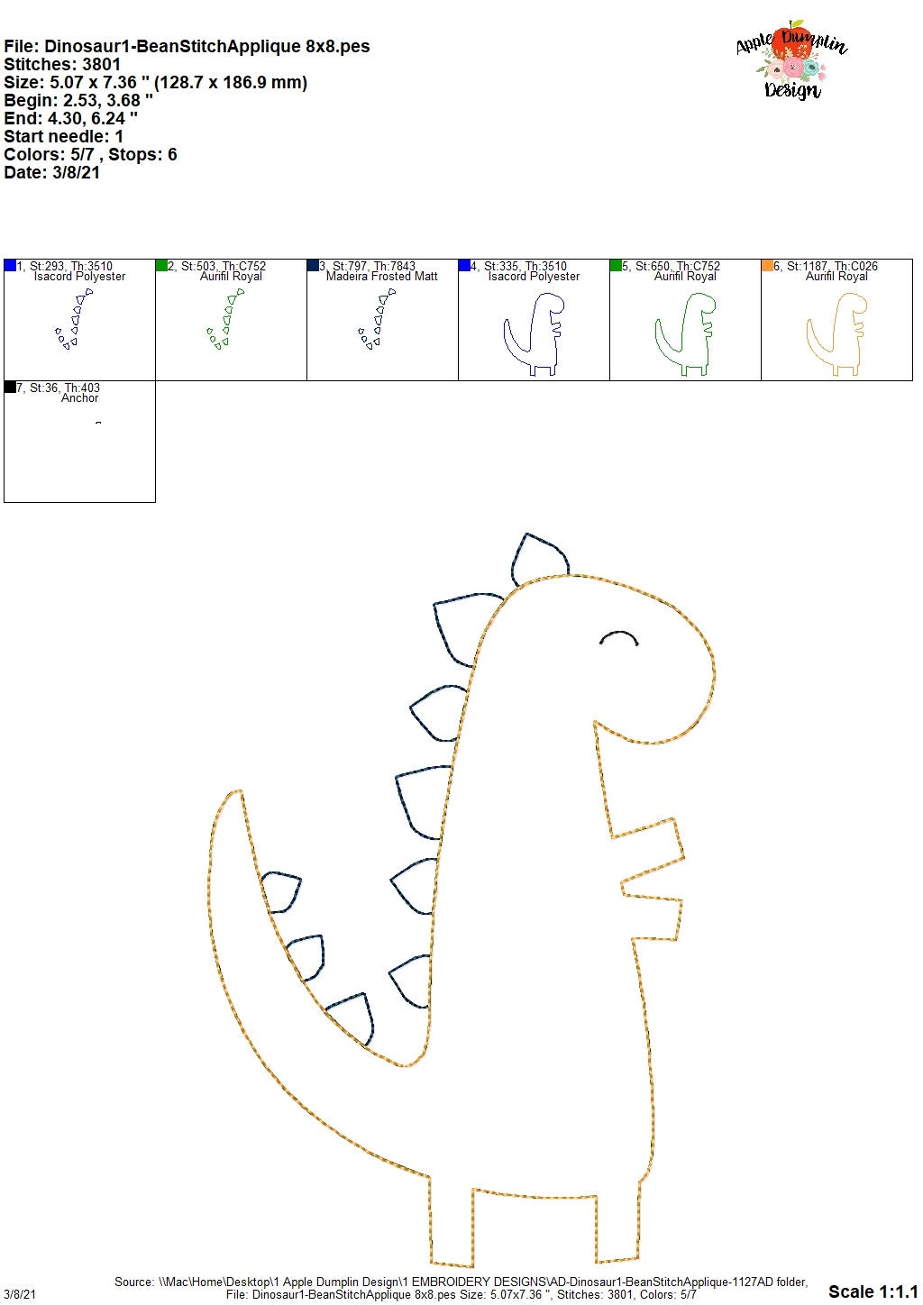 Dinosaur Bean Stitch Applique Machine Embroidery Instant - Etsy