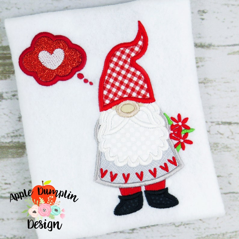 Valentine Gnome, Applique Design, Machine Embroidery, Instant Download, 4x4, 5x5, 5x7, 6x10, 8x8 image 1